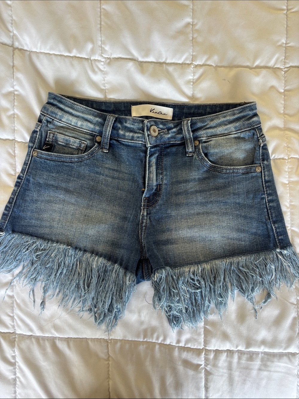 Kancan Mid-Rise Light Blue Frayed Hem Denim Shorts